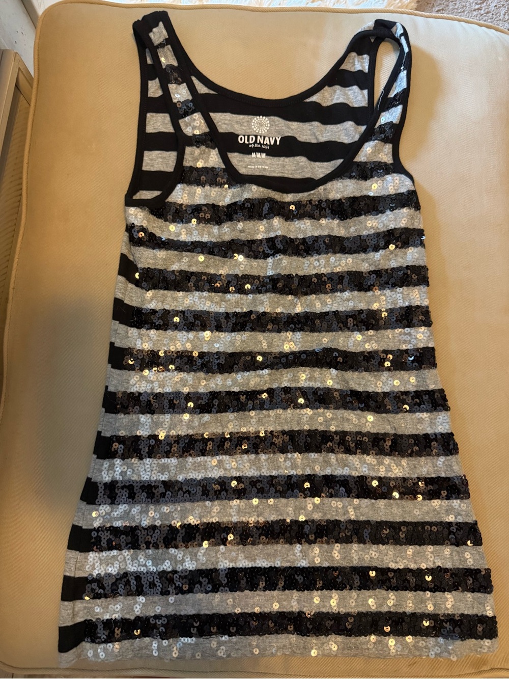 Old Navy Black and Silver Striped Sequin Tank